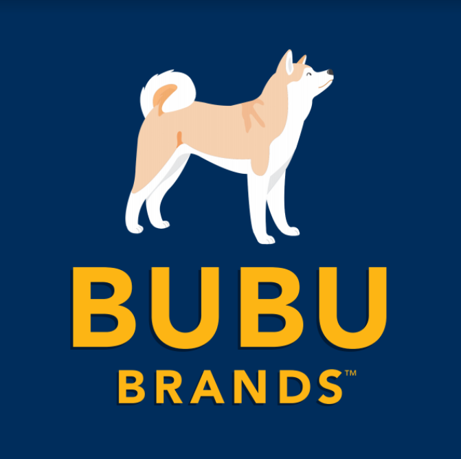 A norweign buhund dog on a dark background with bright lettering saying bubu brands | Bubu Brands